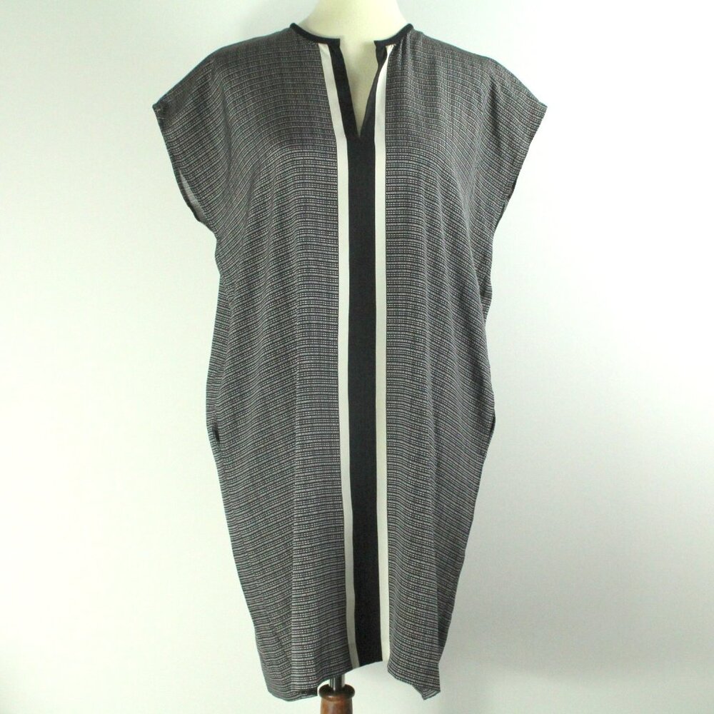 Vince Silk Black Geometric Print Dolman Cap Sleeve Split V-Neck Mini Dress S NWT - Picture 2 of 7